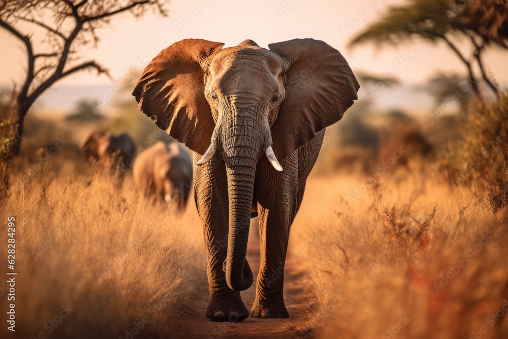 an adult elephant in african savannah walking towards the camera  - obrazy, fototapety, plakaty 