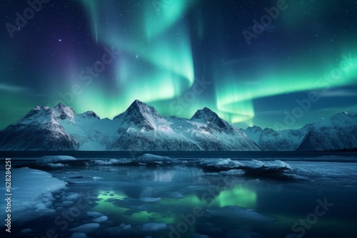 northern lights shining green over snowy mountains in a polar scenary © urdialex