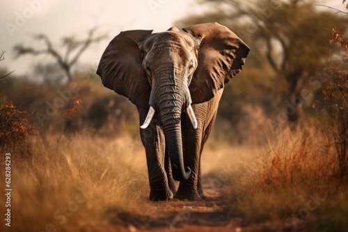 an adult elephant in african savannah walking towards the camera  © urdialex