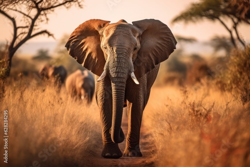 an adult elephant in african savannah walking towards the camera 