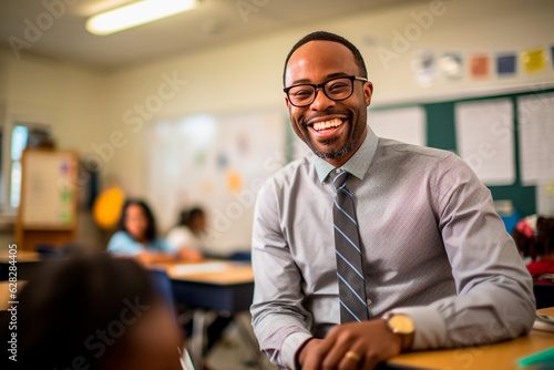 A smiling black teacher in a classroom with students.