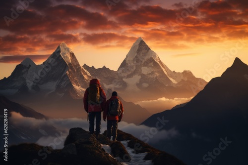 alpinists hiking in the mountains of the himalayas at sunset