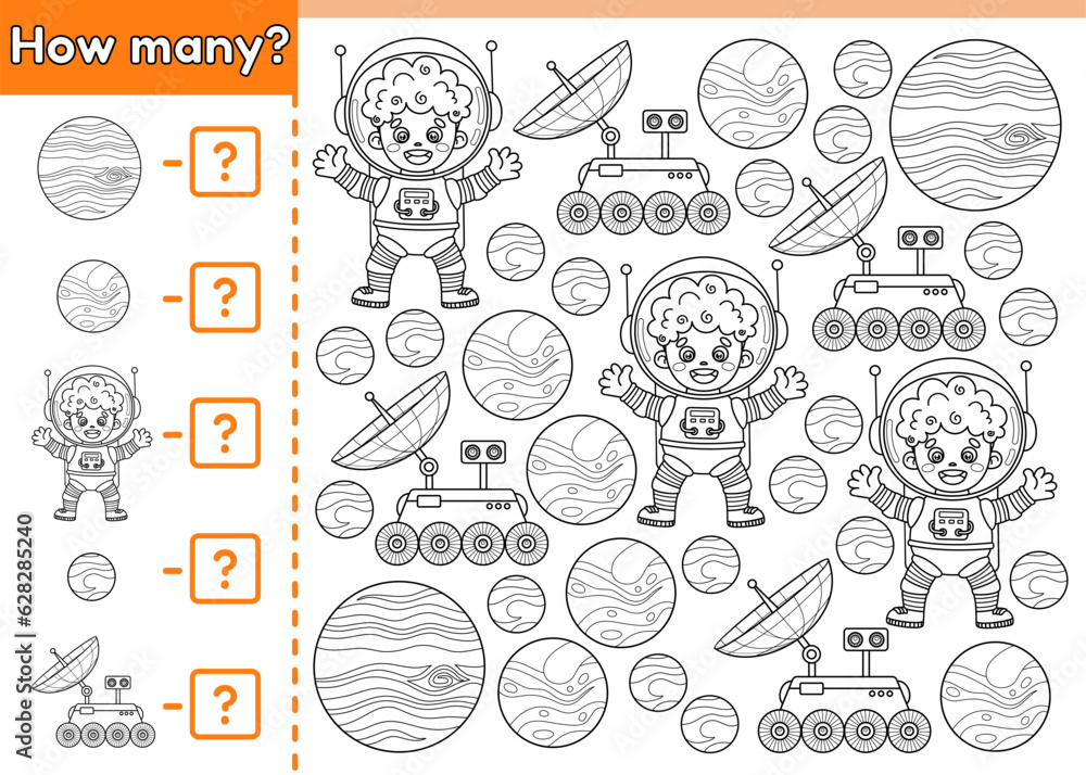 Counting game for kids. Math game. How many space objects. Count cartoon astronauts boy, lunar rovers and planets. Educational worksheet for children. Vector outline. Perfect for coloring book.