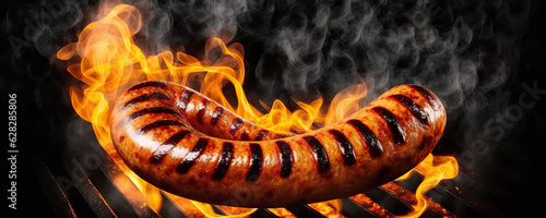 Barbecue juicy sausage on grill fire with smoke on black background © Yeti Studio