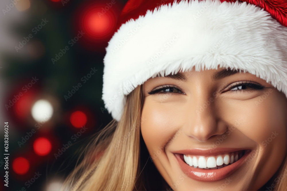 Smiling woman wearing Santa Claus hat. Generative AI Smiling woman wearing Santa Claus hat. Generative AI