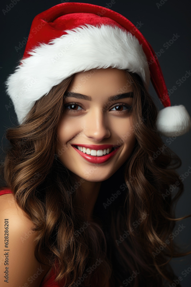 Smiling woman wearing Santa Claus hat. Generative AI Smiling woman wearing Santa Claus hat. Generative AI