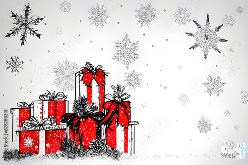 Season of Giving And Holiday Spirit: Festive Cool Comic Style Illustration of a Pile of Christmas Presents With Gift Ribbons Snowflake On Abstract Winter Background Generative Ai © Kevin S.