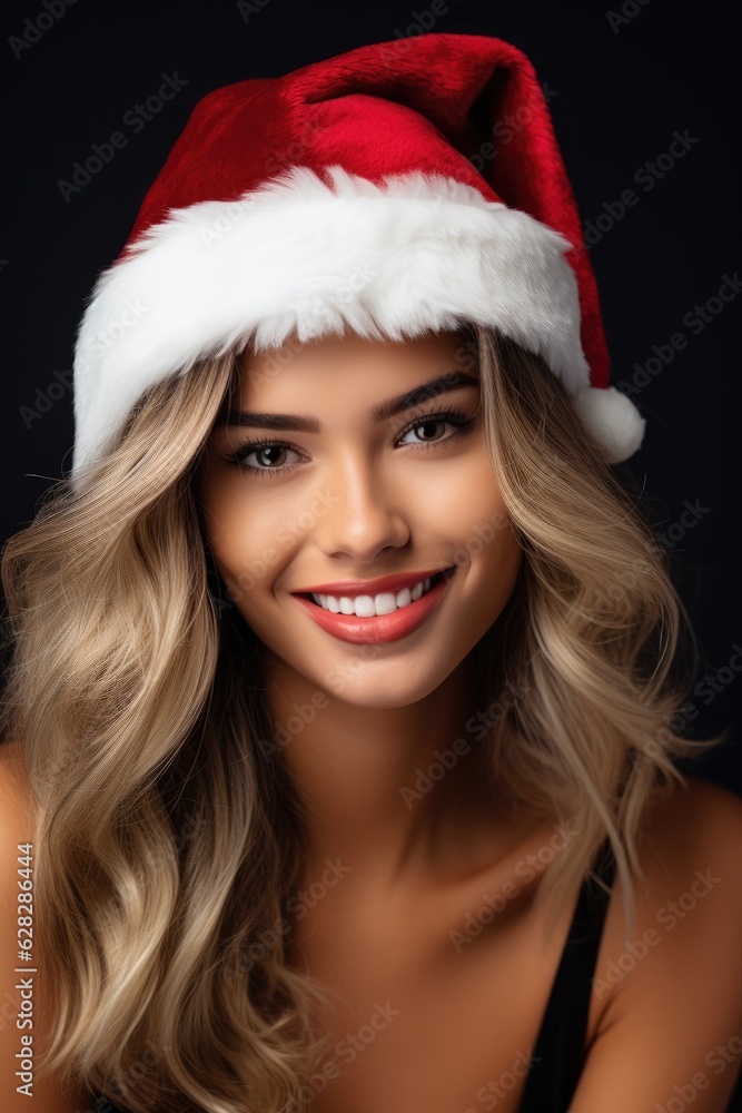 Smiling woman wearing Santa Claus hat. Generative AI Smiling woman wearing Santa Claus hat. Generative AI