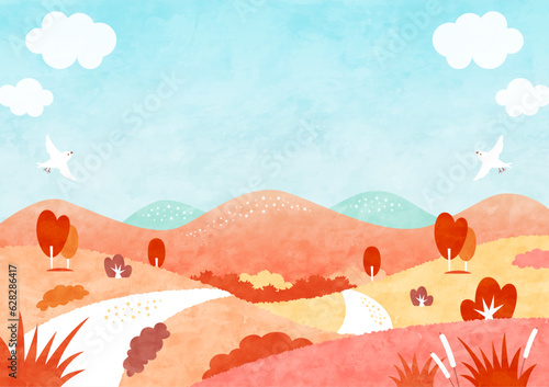 紅葉した秋の山道と青空の風景 自然あふれる水彩背景イラスト