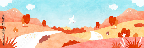 紅葉した秋の山道と白い鳥の風景 自然あふれる水彩イラスト