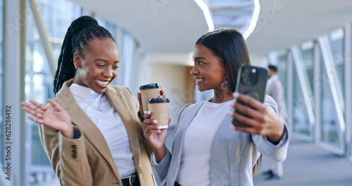 Selfie, coffee and business women in office while on lunch break talking, bonding and laughing. Happy, cheers and professional female colleagues or friends taking picture with cappuccino in workplace