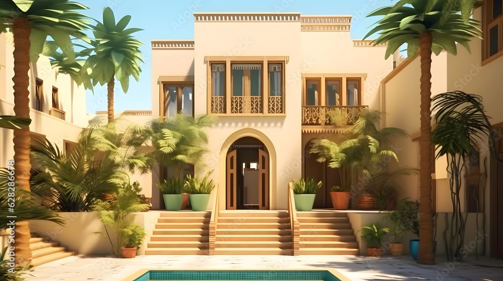 a classic arab house concept , in the style of islamic art and arhitecture. a classic arab house concept , in the style of islamic art and arhitecture.