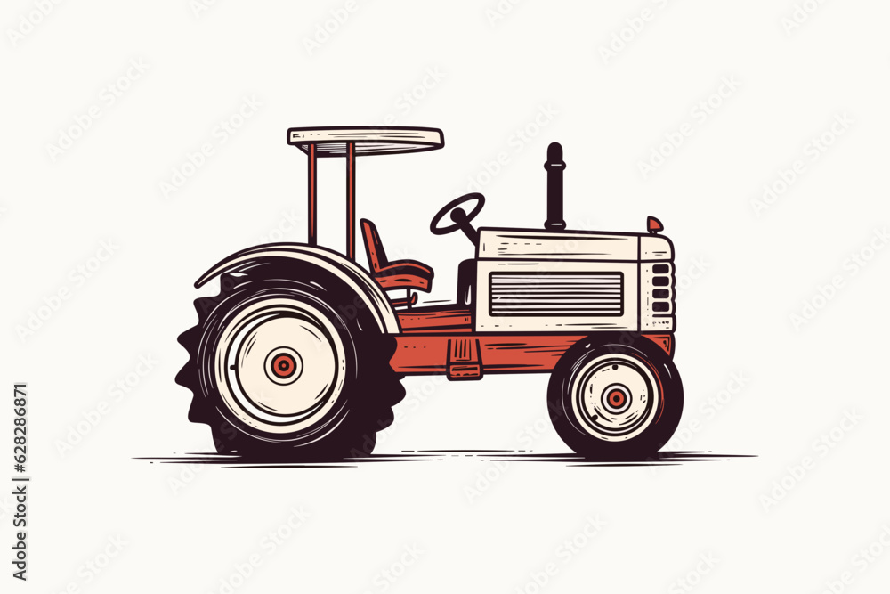 Doodle inspired Old tractor, cartoon sticker, sketch, vector