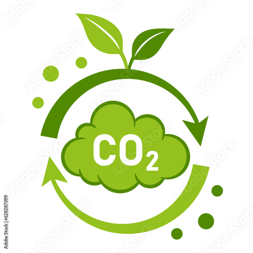 CO2 recycling, carbon dioxide emission reduction, greenhouse gas footprint neutral, carbonic cycle in green plant icon. Smoke cloud in air. Low atmosphere contamination. Clean eco technology. Vector