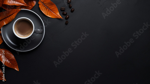 FlatLay of a Coffee Cup/Mug - Matte Black Background with Coffee Beans and Dried Fall and Autumn Leaves - Moody Cozycore Aesthetic Overhead View with Copy Space - Generative AI photo