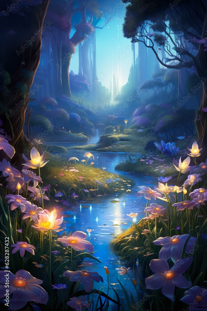 Obraz premium a garden with glowing shiny flowers and magic flowers | Generative AI