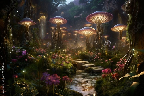 a garden with glowing shiny flowers and magic flowers   Generative AI © Kay