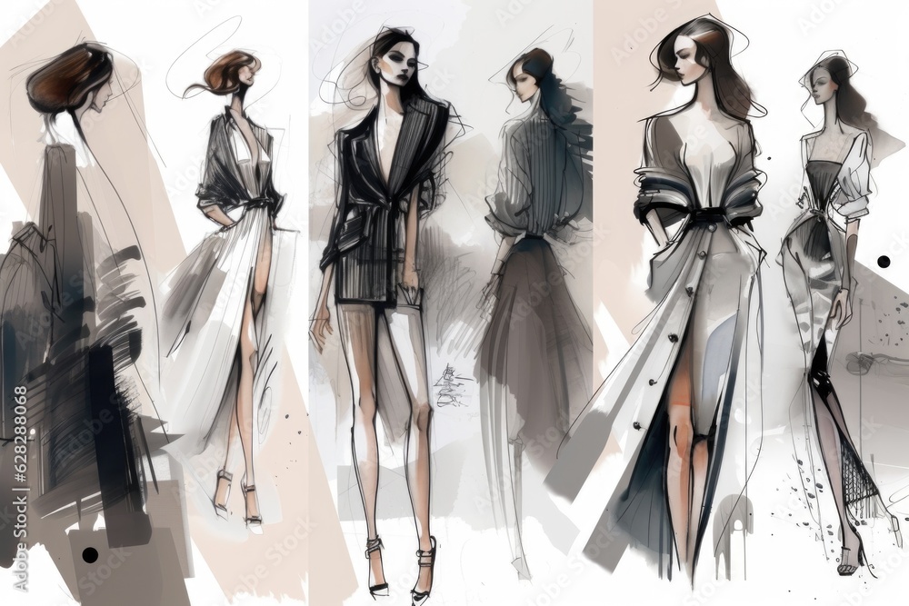 collection of fashion sketches and illustrations by different artists