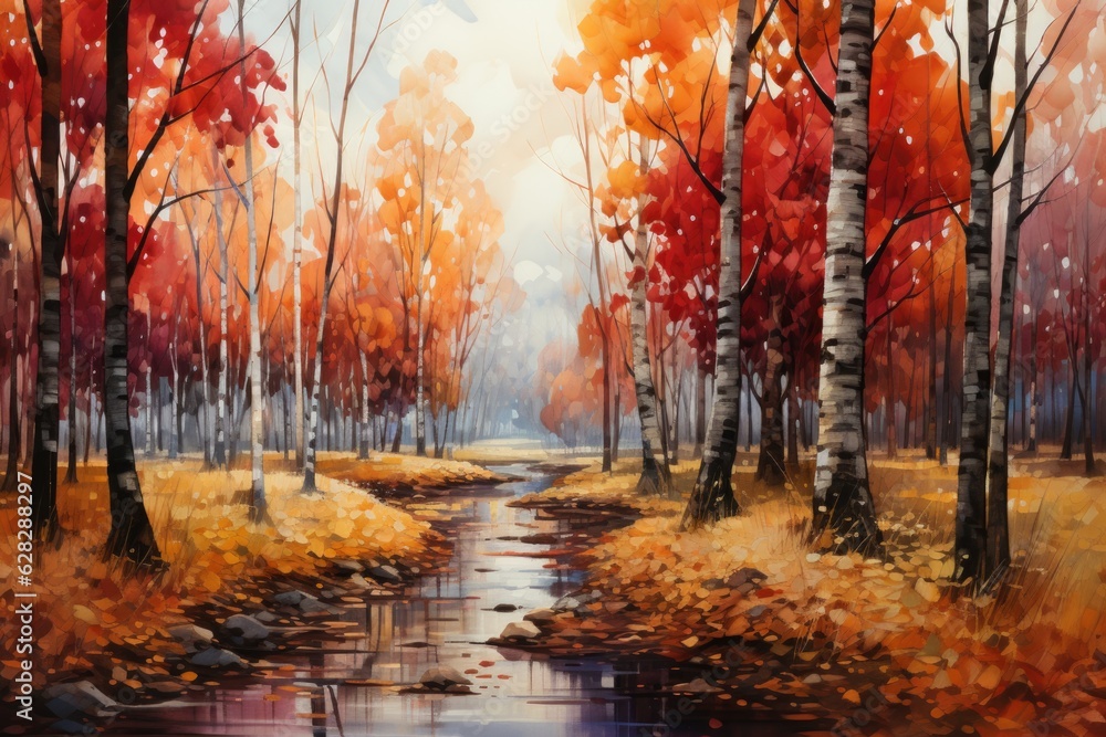 A painting of a stream running through a forest. Digital image. Hello Autumn card design.