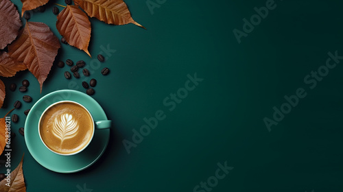 FlatLay of a Coffee Cup/Mug - Dark Green Background with Coffee Beans and Dried Fall and Autumn Leaves - Moody Cozycore Aesthetic Overhead View with Copy Space - Generative AI photo