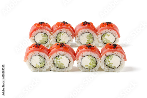 rolls with tuna and cucumber on a white background for a restaurant website