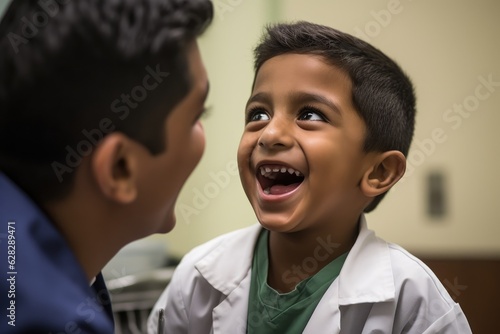 a young boy beaming cheekily while being checked by a doctor photo