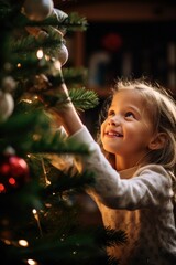 Smiling little girl is excited as she decorates the Christmas tree. Generative AI