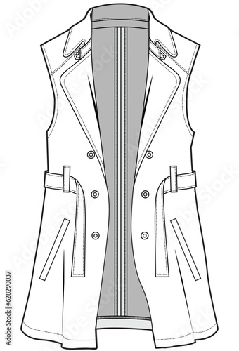 mens sleeveless double breasted self belt jacket flat sketch vector illustration technical cad drawing template