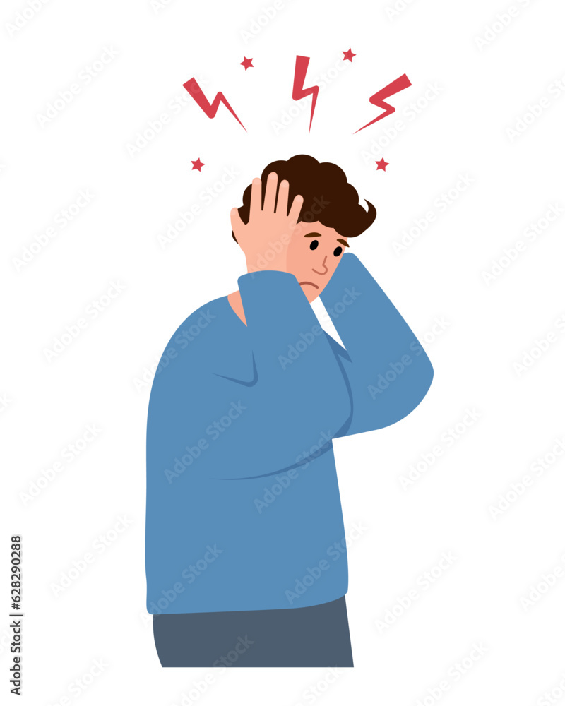 Young man suffering from headache, migraine, stress, pain, panic and depression. Healthcare, sickness, disease concept vector illustration isolated on white background. Young man suffering from headache, migraine, stress, pain, panic and depression. Healthcare, sickness, disease concept vector illustration isolated on white background.