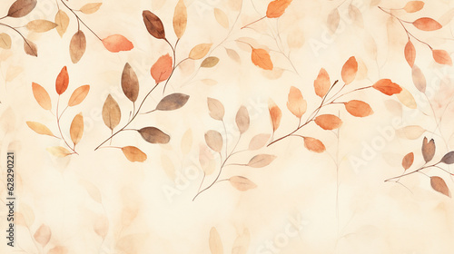 Dried Fall and Autumn Leaves and Branches in Watercolor Style on Light Cream and Beige Background with Copy Space - Generative AI