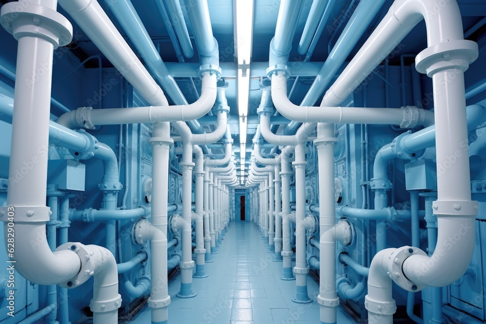 A very long hallway with lots of pipes. Digital image. High tech plumbing infrastructure.