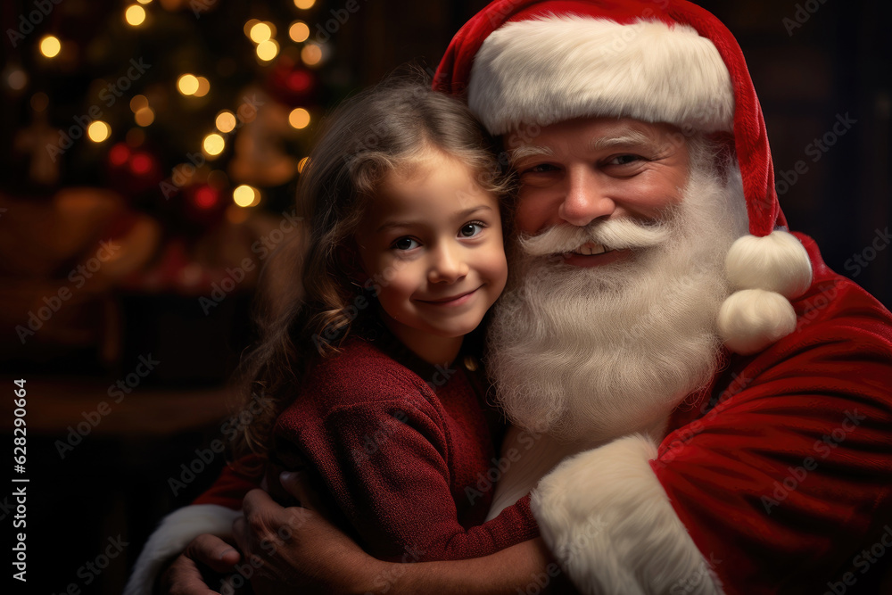 Cute and ruddy Santa Claus holds a 4 year old kid in his arms. Generative AI Cute and ruddy Santa Claus holds a 4 year old kid in his arms. Generative AI