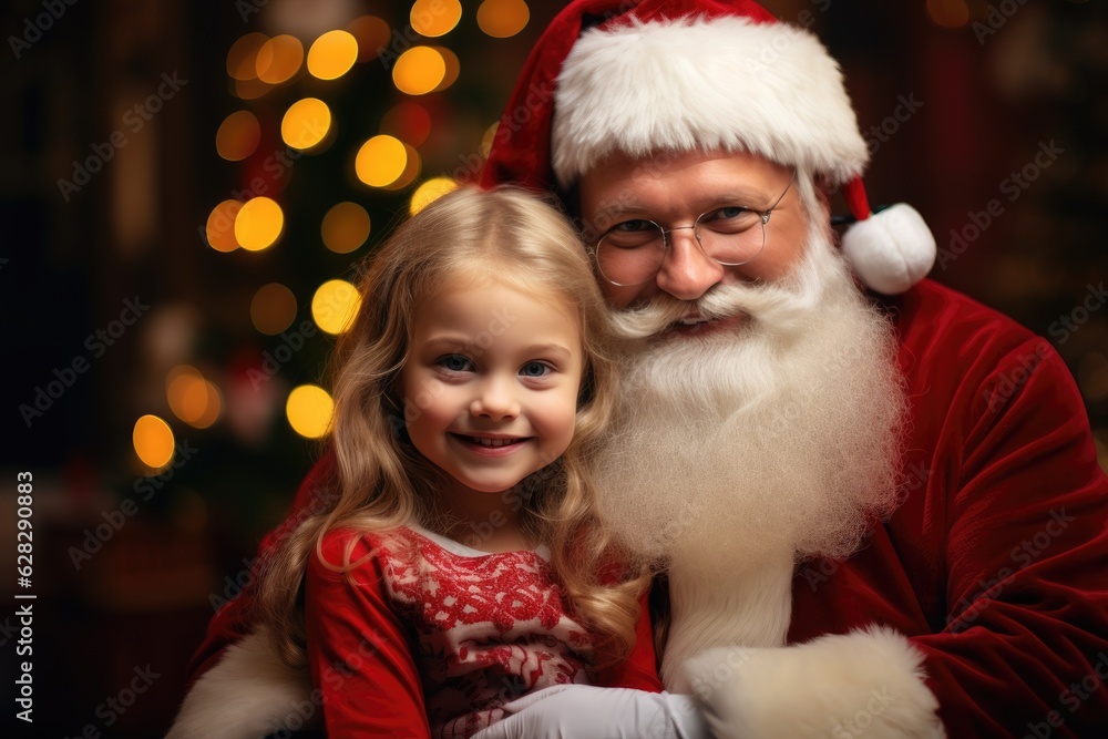 Cute and ruddy Santa Claus holds a 4 year old kid in his arms. Generative AI Cute and ruddy Santa Claus holds a 4 year old kid in his arms. Generative AI