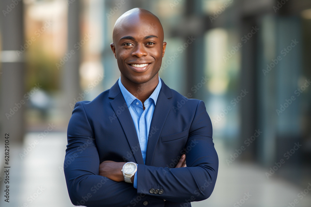 handsome african businessman smiling keeping positive attitude. concept of success and triumph. AI generated image handsome african businessman smiling keeping positive attitude. concept of success and triumph. AI generated image