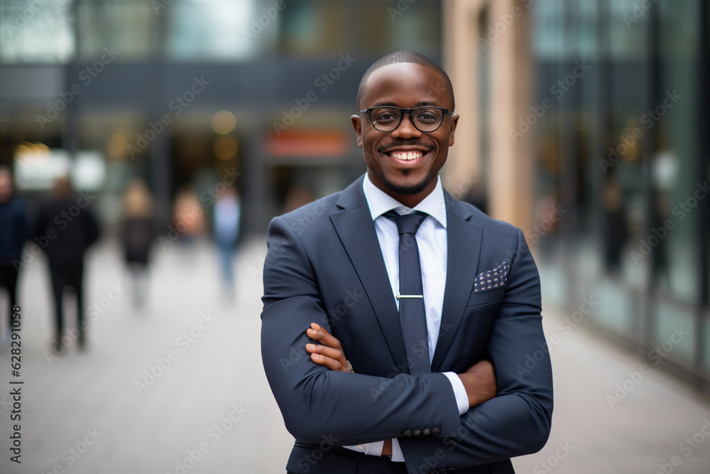 handsome african businessman smiling keeping positive attitude. concept of success and triumph. AI generated image handsome african businessman smiling keeping positive attitude. concept of success and triumph. AI generated image