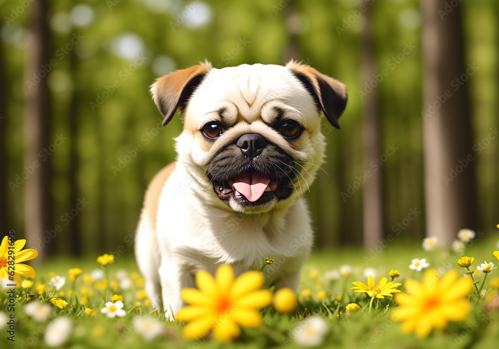 ?ute pug dog standing in the flower field and looking at the camera. Generative AI