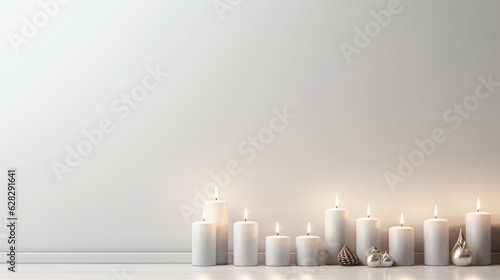 A group of white candles sitting next to each other. Yom Kippur tradition. Copy space, place for text. photo