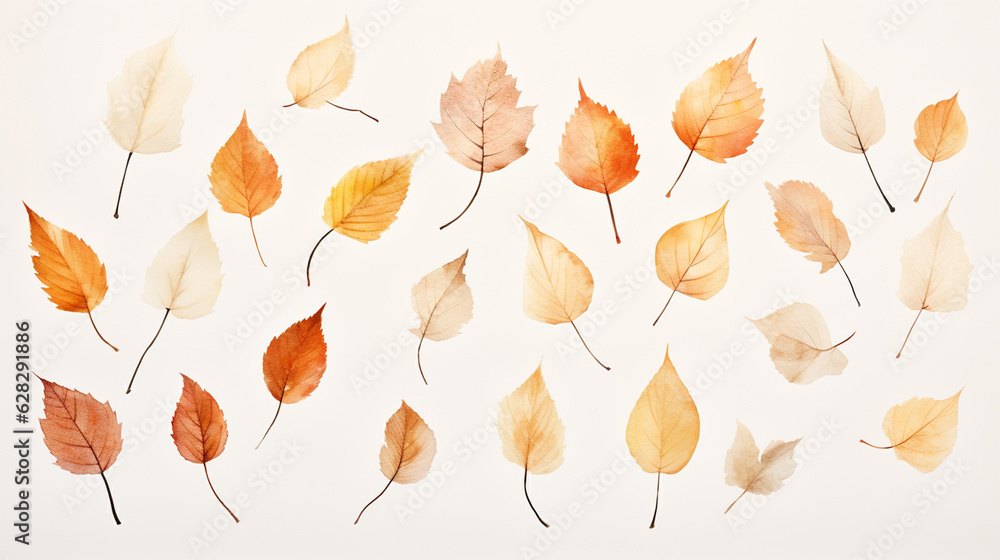 Dried Fall and Autumn Leaves and Branches in Watercolor Style on Light Cream and Beige Background - Generative AI Dried Fall and Autumn Leaves and Branches in Watercolor Style on Light Cream and Beige Background - Generative AI