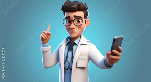 3d doctor character holding a phone to make a gesture, in the style of object portraiture specialist, realistic, spot metering, flat areas of color, high resolution photo