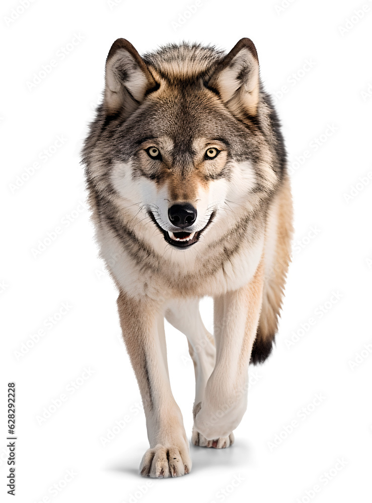 alpha wolf looking fierce, front view on isolated background
