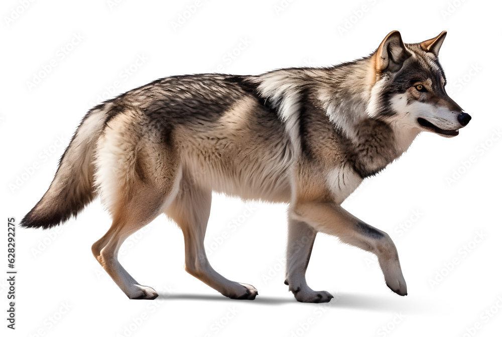 wolf walking side profile view on isolated background