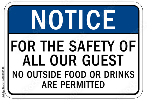 No food or drink allowed warning sign and labels