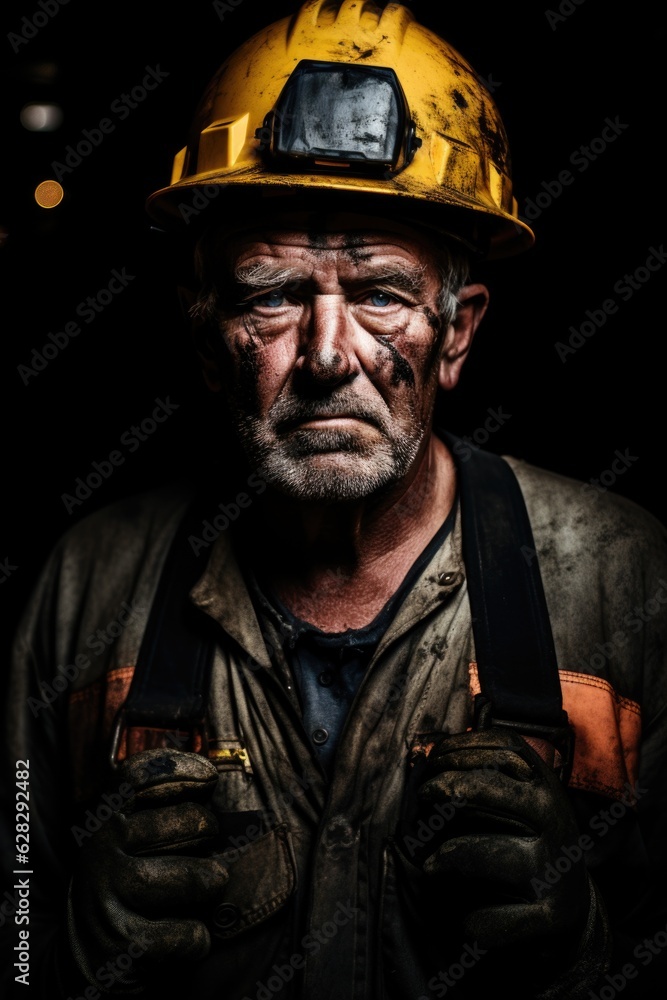 Portrait of a miner wearing a yellow helmet on a dark background. Portrait of a miner wearing a yellow helmet on a dark background.