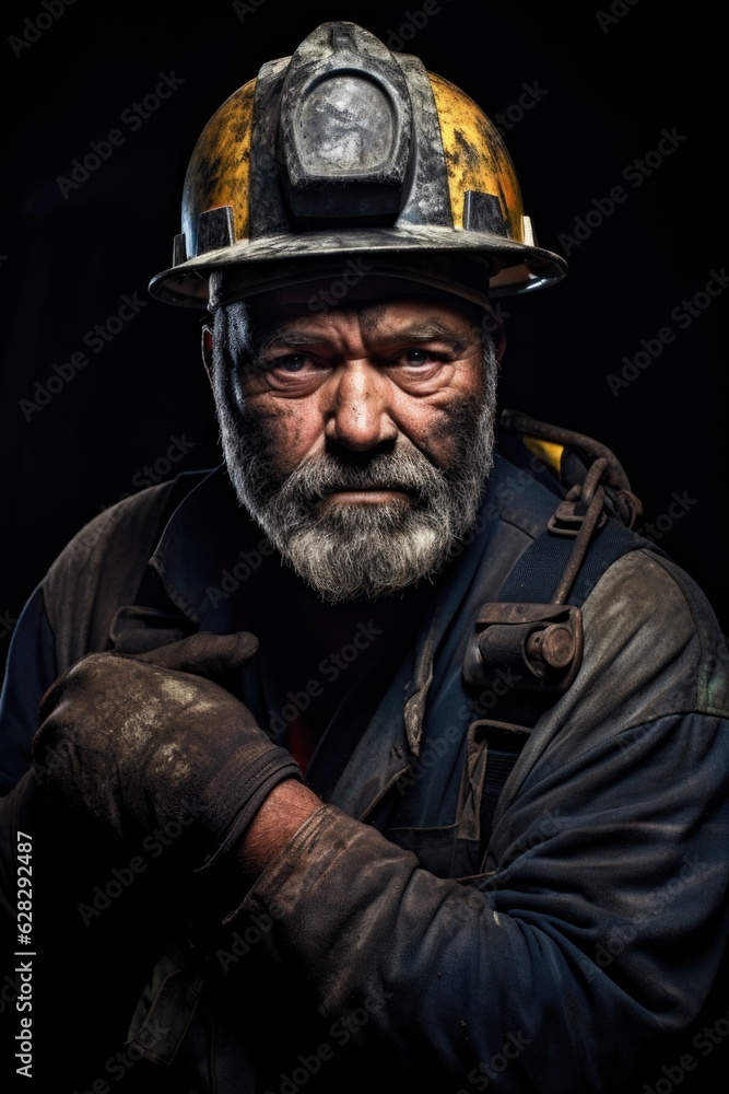Portrait of a miner wearing a yellow helmet on a dark background. Portrait of a miner wearing a yellow helmet on a dark background.