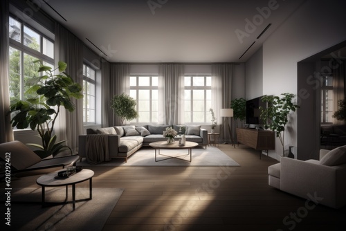 Modern interior of open space with design modular sofa  furniture  wooden coffee tables in stylish home decor. Generative AI.