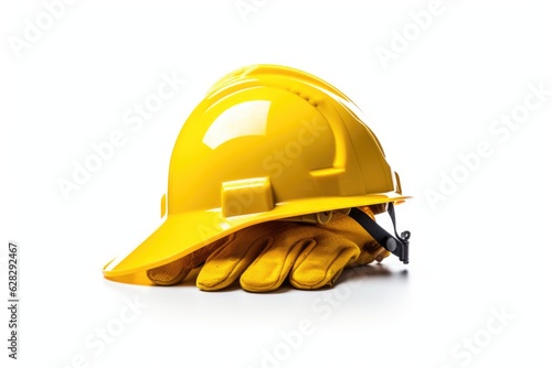 yellow helmet with gloves on a white background