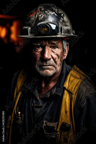 Portrait of a miner wearing a yellow helmet on a dark background. © Maestro
