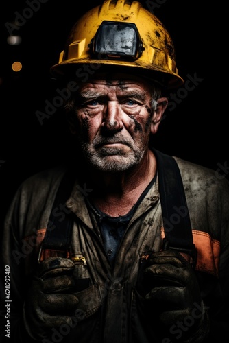 Portrait of a miner wearing a yellow helmet on a dark background.