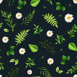 Floral pattern with small white daisy flowers and green leaves on a black background. Vector seamless floral print