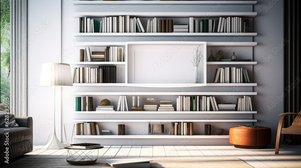 A bookshelf in a modern room A bookshelf in a modern room